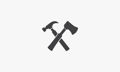 hammer and ax crossed icon. isolated on white background. vector illustration.
