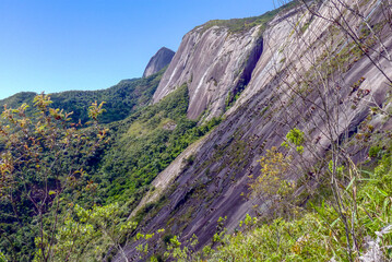 Stone wall, Torres de Bonsucesso, famous mountain in the Bonsucesso region, Teresopolis district, State of Rio de Janeiro, Brazil