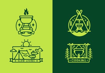 Bright and dark green color of camping line art set
