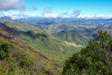 Mountain valley in the Bonsucesso region, seen from the trail to the summit of Torres, Teresopolis, State of Rio de Janeiro, Brazil