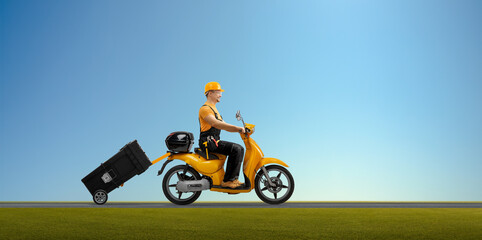 workman on motor scooter bring tool-box with construction tools