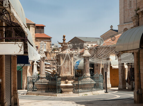 Square with fountain in Muristan Complex. Jerusalem, Israel.
