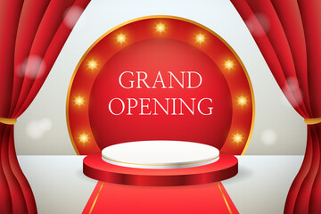 3d product display red and white podium grand opening banner template with curtains