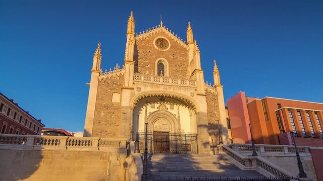 San Jeronimo el Real (St. Jerome the Royal) timelapse hyperlapse at sunset time. Roman Catholic church from the early 16th-century in central Madrid (Spain), next to the Prado Museum.