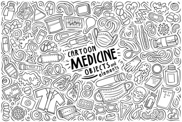 Cartoon set of medicine theme items, objects and symbols