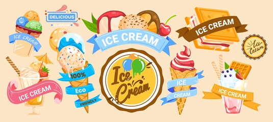 Ice cream banner, sweet delicious food, fresh cone template, snack dessert logo, design, in style cartoon vector illustration