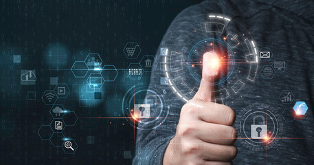 Businessman showing thumb rise up with infographic to scanning and access to security system ,...