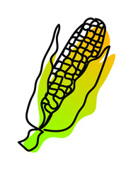 Vector illustration of corn cob in one line endless style. Green and yellow abstract spot background. Can be applied as a sticker, icon, logo.