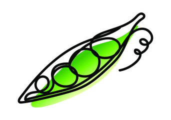 Vector illustration of pea pod in one line endless style. Green abstract spot background. Can be applied as a sticker, icon, logo.