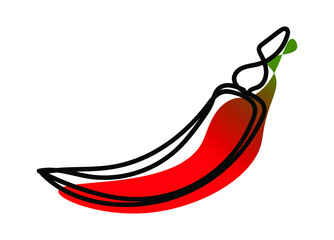 Vector illustration of chilli pepper in one line endless style. Green and red abstract spot background. Can be applied as a sticker, icon, logo.