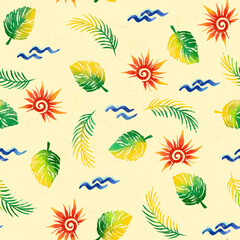 seamless pattern of palm leaves, symbols of the sun and sea on a white background. Caribbean and holiday symbols
