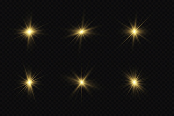 Glow effect. Gold star on a transparent background. Bright sun. Vector illustration.