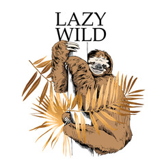 Funny Sloth on a trunk tree and gold palm leaves. Lazy wild - lettering quote. Elegant poster, t-shirt composition, hand drawn style print. Vector illustration.