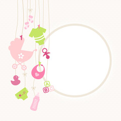 Links Hängende Babysymbole Mädchen Runder Rahmen Punkte Beige