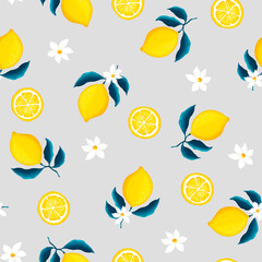 Seamless pattern with lemons and flowers on a blue and grey background. Lemon pattern for fabric, paper, clothing