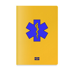 Obraz premium Vaccine passport holder case with a star of life on cover and biometric technology sign.