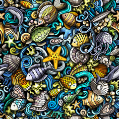 Cartoon doodles Sea Life seamless pattern.