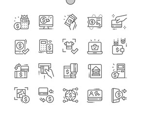 Payment method elements. Payment by phone. Wallet and e-shopping. Digital, customer, purchase, paying, ecommerce and transaction. Pixel Perfect Vector Thin Line Icons. Simple Minimal Pictogram