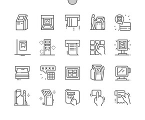 Kiosk Terminal. Business, touchscreen, electronic, bank, customer, technology, payment. Finance and money. Pixel Perfect Vector Thin Line Icons. Simple Minimal Pictogram