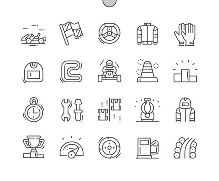 Karting. Racing car. Gas station, traffic cone, speed and repair tools. Driving, leisure, road, race and sport car. Pixel Perfect Vector Thin Line Icons. Simple Minimal Pictogram