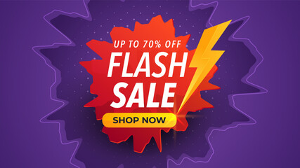 Flash sale banner with cracks or shocks effect. Purple background with red gradient colors. Business product ads promotion template. Vector Illustration.