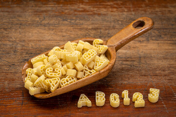 abc 123 artisanal pasta in a vintage wooden scoop against weathered wood