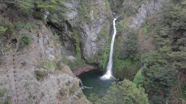 Rio Bonito waterfall at the entrance of Cerro Bayo in Argentine Patagonia. Neuquen.