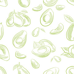 Avocado fruits seamless pattern in hand-drawn style.Sketch of a whole avocado, sliced ​​and leaves. Botanical illustration of avocado. Juicy tropical fruits.Great for labels, posters, prints.