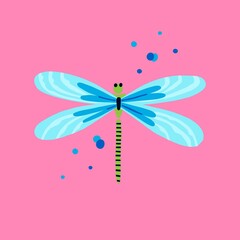 Cartoon dragonfly. Doodle bright colorful hand drawn insect with leaves and flowers, flying adder pink and blue colors modern decor element, vector isolated illustration contemporary print or poster