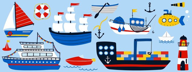 Boat and ship set. Cartoon hand drawn colorful sail childish collection, sailing yacht, sailboat and submarine, lifebuoy and anchor, kids design elements. Baby adventure and travel vector isolated set