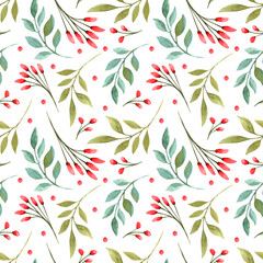 Fototapeta na wymiar Seamless pattern of watercolor leaves and red berries on a white background.