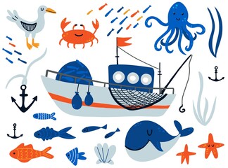 Fishing boat and underwater animals set. Cartoon hand drawn sail childish collection, water transport sailboat and fishes, octopus and krab kids design elements. Baby adventure and travel vector set © Mariya