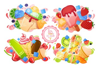 Ice cream sweet, summer cold dessert, flavor label, delicious scoop appetizer, design, cartoon style vector illustration.
