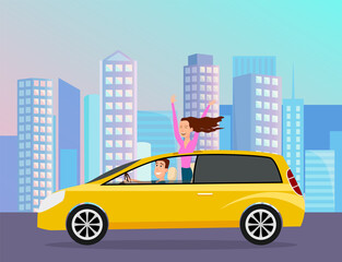 Couple driving automobile on background of cityscape. Family travel car, station wagon with driver