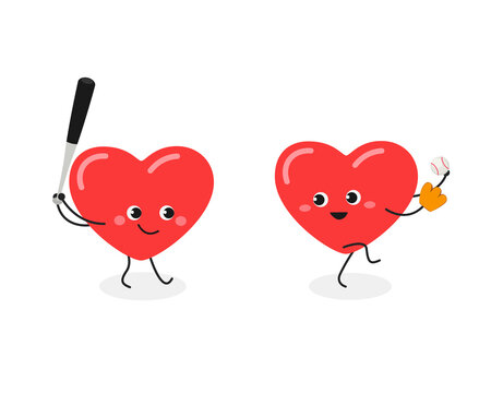 Cute cartoon hearts characters playing baseball game