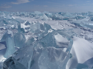 Ice hummocks on lake baikal on a clear sunny winter day. Siberia Russia