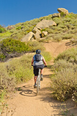 Mountain biking up a trail in the mountains