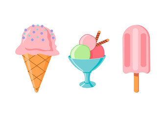 A set of three types of ice cream. Waffle cone, ice cream on a stick and in a vase