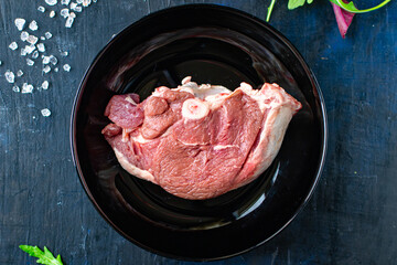 raw meat piece ossobuco beef lamb pork meal snack trend copy space food background rustic. top view
