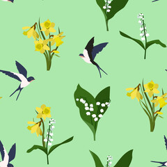 Seamless vector illustration with lilies of the valley, narcissus and swallows on a green background.
