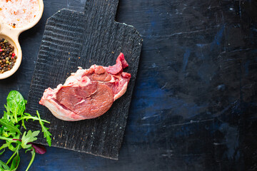 raw meat piece ossobuco beef lamb pork meal snack trend copy space food background rustic. top view