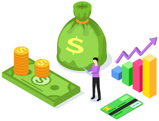 Man studies statistics shown on bar chart. Banking, business, financial operations for web