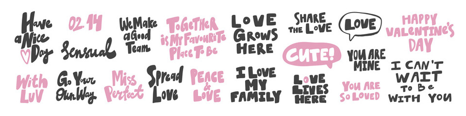 Vector hand drawn collection set of calligraphy lettering quotes and words. Pink and black color