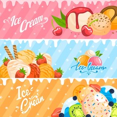 Ice cream set, summer banner, round dessert template, collection, orange sugar, design, in style cartoon vector illustration.