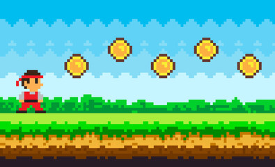 Pixel-game ninja male brave character. Pixelated natural landscape with warrior near golden coins © robu_s