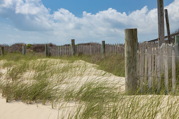 Sand dunes, white sand, wooden fence with blue sky and white clouds in background