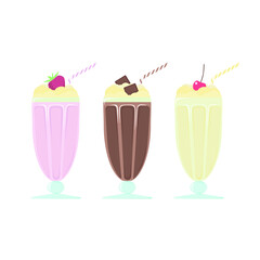 A set of different milkshakes. Strawberry, chocolate and vanilla milkshakes.