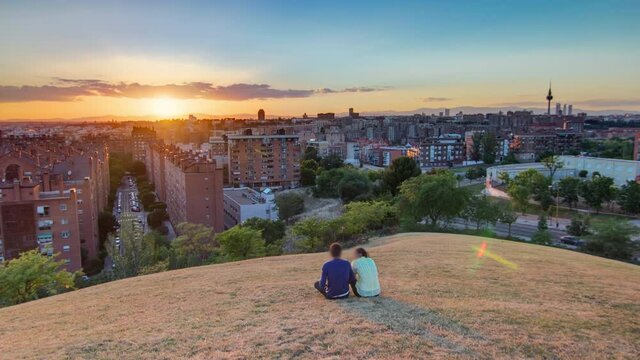 Panoramic sunset timelapse aerial view of Madrid, Spain from the hills of Tio Pio Park, Vallecas-Neighborhood