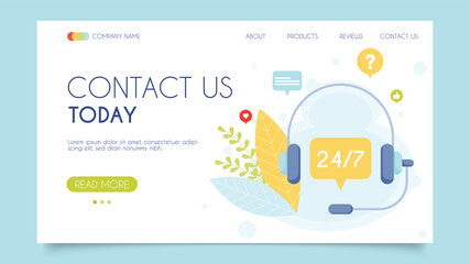 Contact us 24-7 today. Customer support call center. Landing page concept. Flat design, vector illustration.