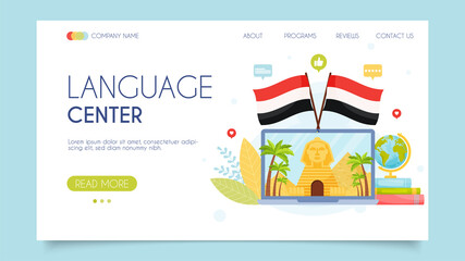 Egyptian language center. Online school. Landing page concept. Flat design, vector illustration.